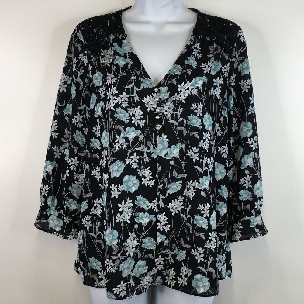 Karl Lagerfeld Floral Lace Shoulder Pearl Top Blouse Size S
